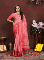 Thumbnail for Lorenvalley Fashion Pink Organza Silk Woven Design with Rich Meenakari Weaving Pallu Saree - Distacart
