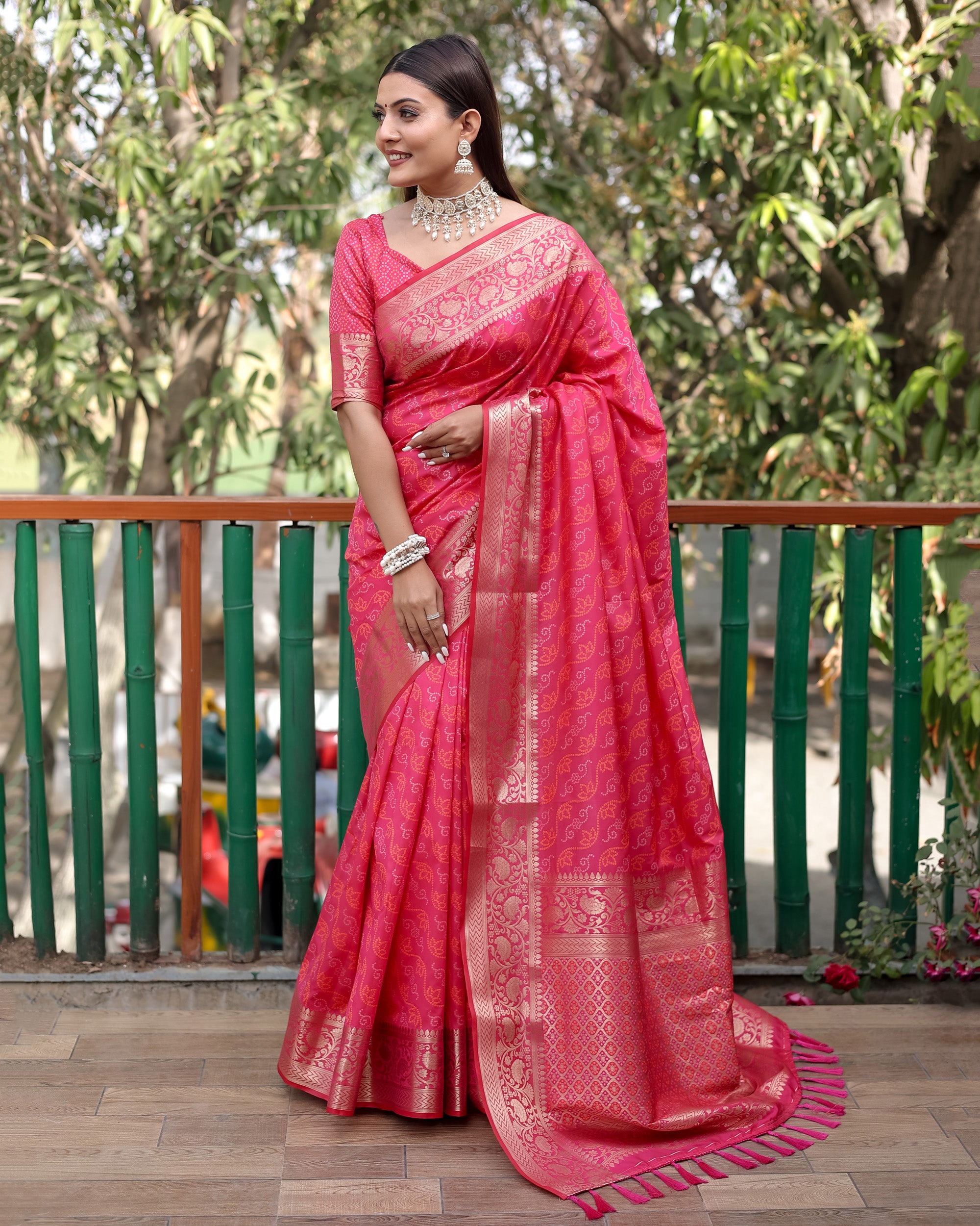 Lorenvalley Premium Bandhej Patola Silk Sarees with kanchi Borders and Contrast Zari Weaving borders Saree - Pink - Distacart