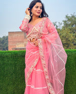 Thumbnail for Evanik Pink Net Embroidery work Saree with Moti Hand work Blouse