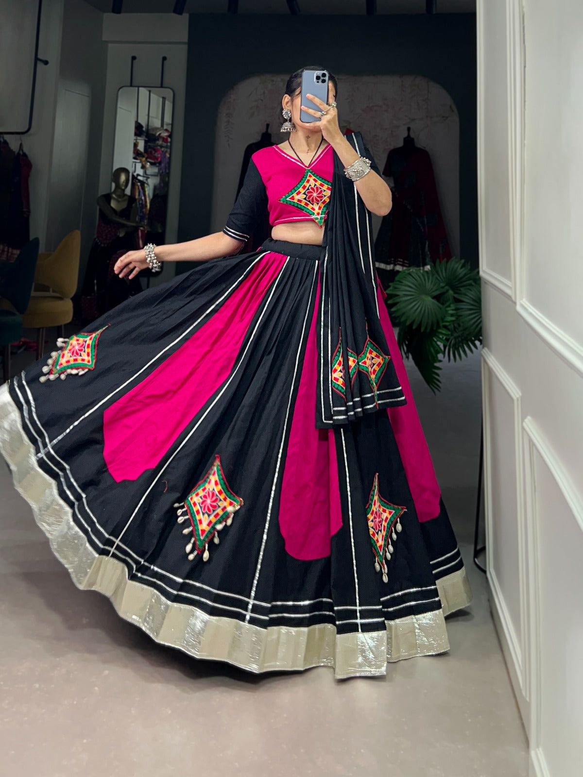 Lorenvalley Pink and Black Plain With Gamthi Patch Work & Gota Patti Lace also cowrie (kodi) lace touch up Lehenga Choli - Distacart