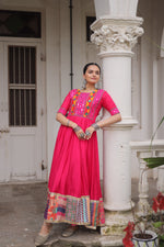 Thumbnail for Lorenvalley Fashion Pink Roman Silk with Thread with mirror work & Maslin Crochet Print Work Gown