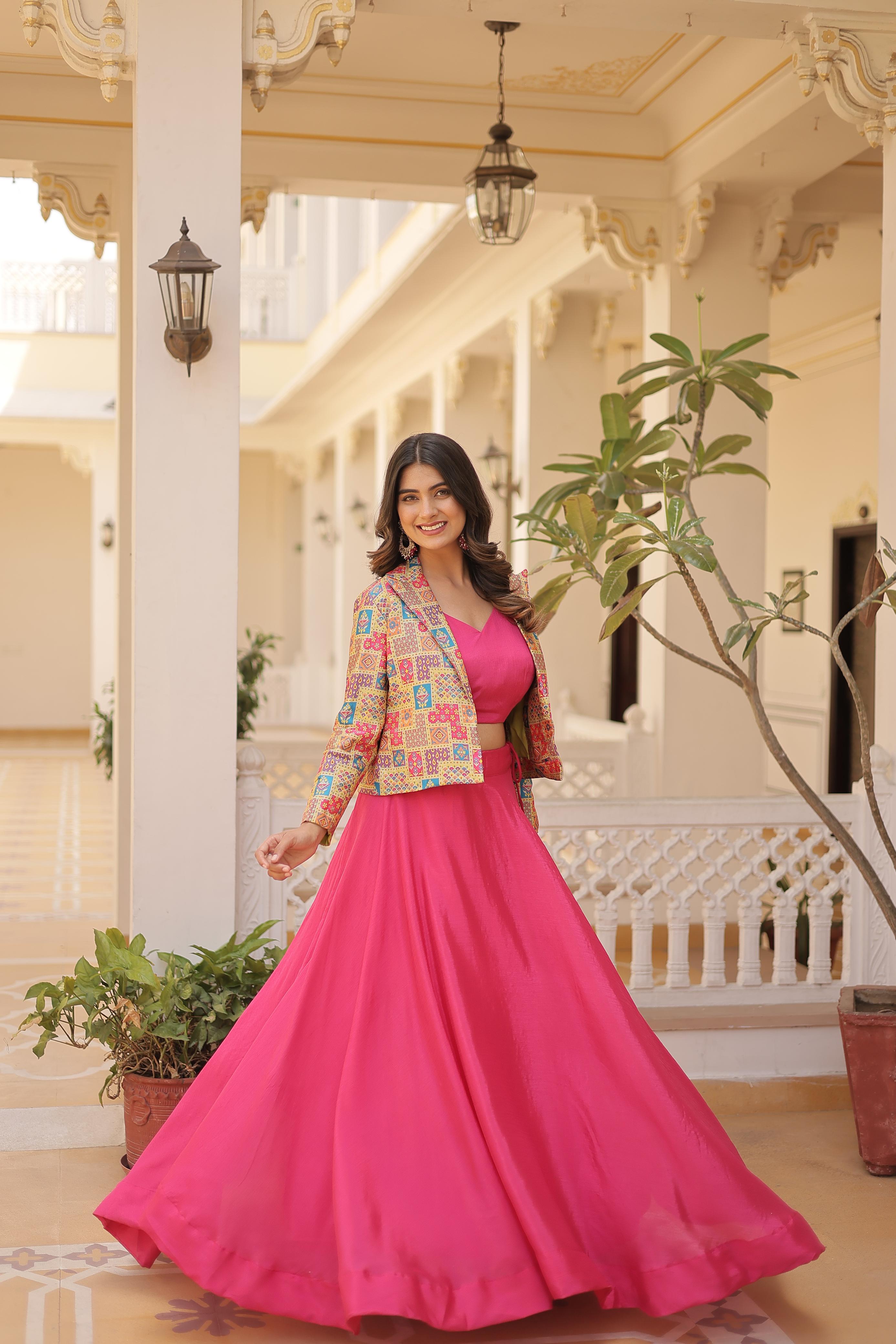Lorenvalley Pink Premium Chinnon Lehenga Choli with Jacquard Woven Design Koti - Distacart