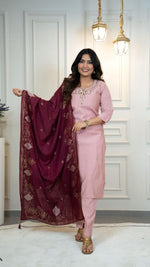 Thumbnail for Lorenvalley Fashion Pink Roman Silk Hand Work Kurta Pant with Dupatta
