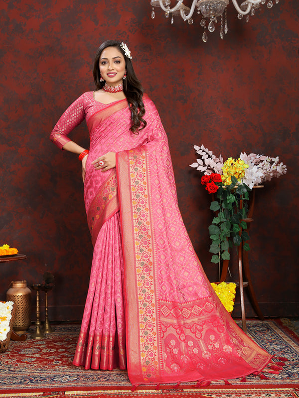 Lorenvalley Fashion Pink Organza Silk Woven Design with Rich Meenakari Weaving Pallu Saree - Distacart
