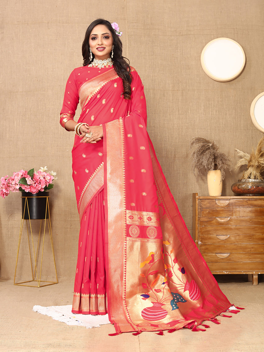 Lorenvalley Fashion Pink Soft Paithani Silk Woven Design Rich Zari Meenakari Weaving Saree - Distacart