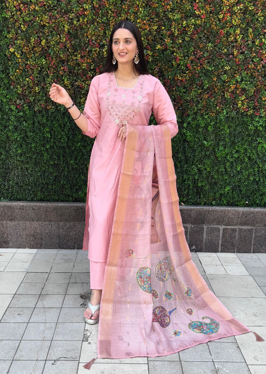 Lorenvalley Fashion Pink Roman Silk Hand Work Kurta Pant with Dupatta