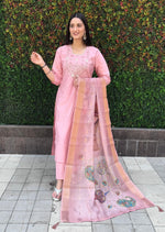 Thumbnail for Lorenvalley Fashion Pink Roman Silk Hand Work Kurta Pant with Dupatta