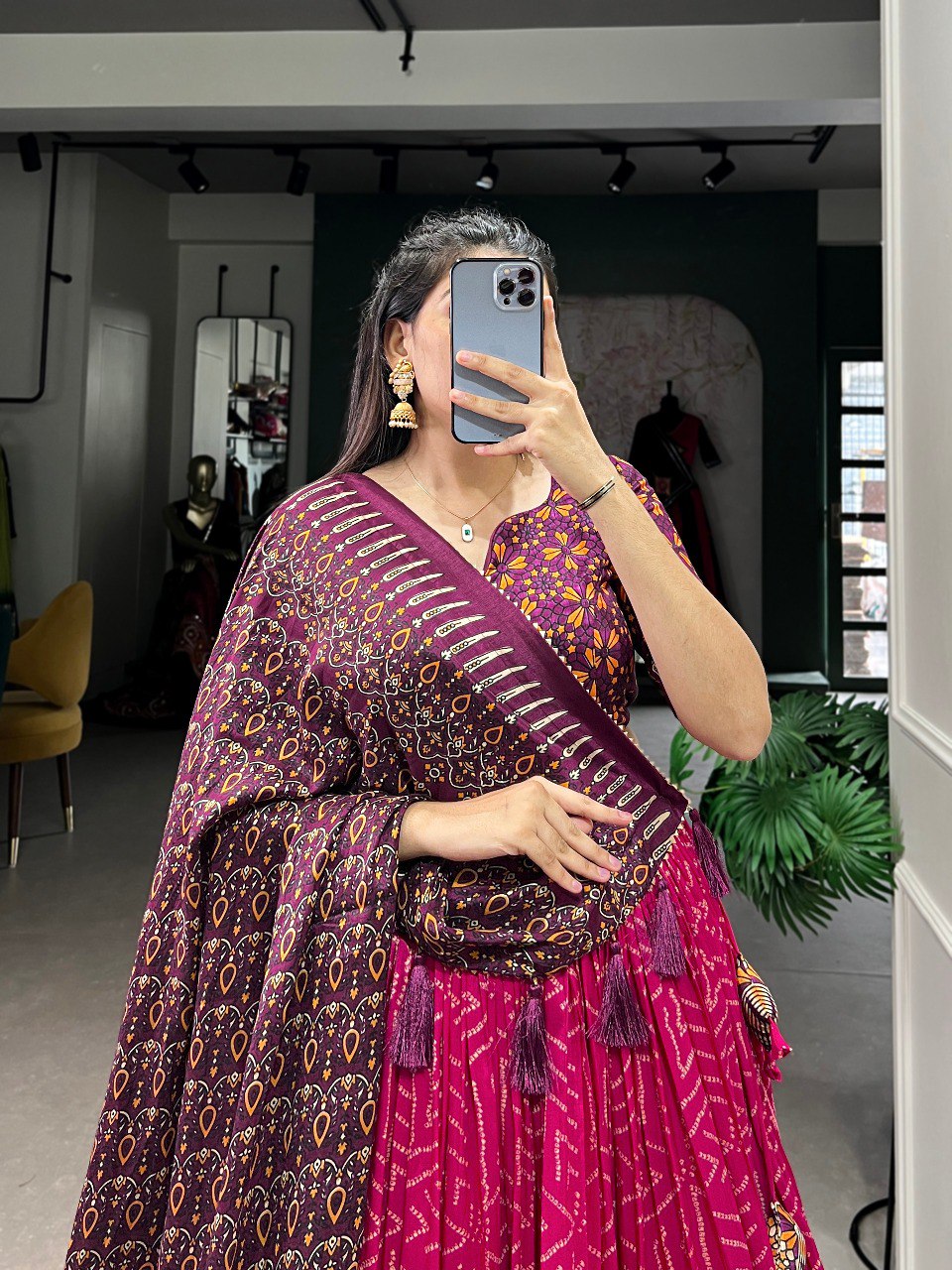 Lorenvalley Pink Tussar Silk Bandhej And Ajarakh Print Lehenga Choli with Dupatta - Distacart