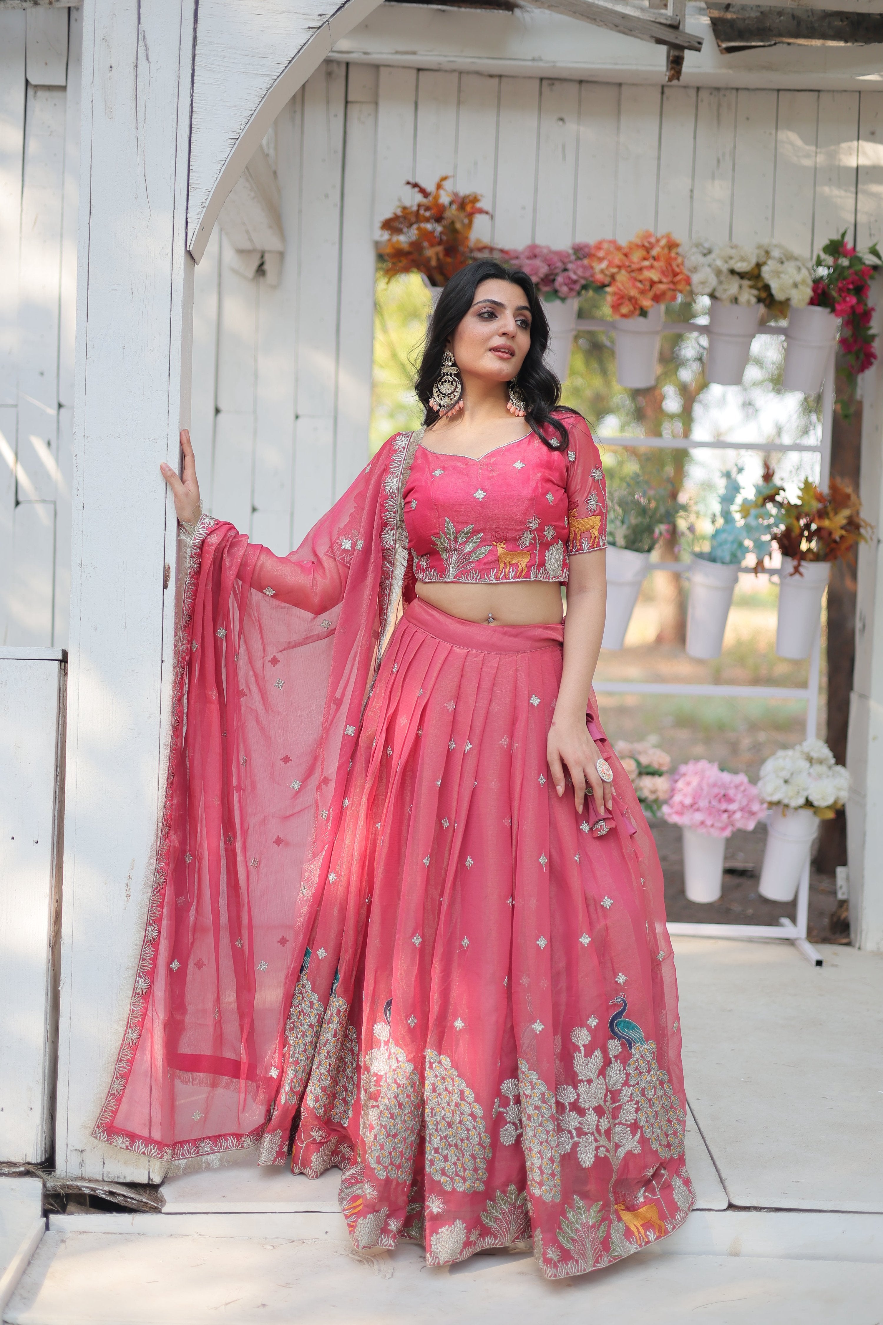 Lorenvalley Pink Gold Coin Fabric with Sequins and Thread Embroidered work Lehenga Choli with Dupatta - Distacart