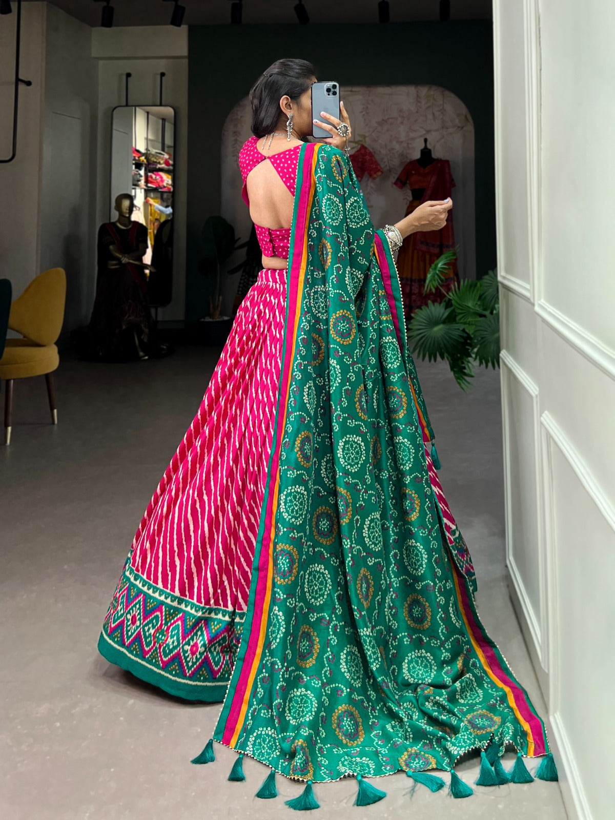 Lorenvalley Pink Tussar Silk Lehenga Leheriya Patola Print Border With Choli Bandhej Print With Bandhej Print Gotta Patti Lace Border Dupatta - Distacart