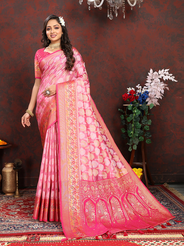 Lorenvalley Fashion Pink Organza Silk Woven Design with Rich Meenakari Weaving Pallu Saree - Distacart