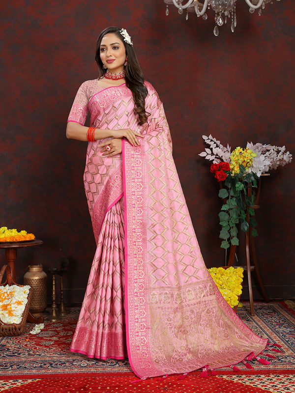 Lorenvalley Fashion Pink Soft Katan Silk Woven Design Rich Zari Weaving Pallu Saree - Distacart