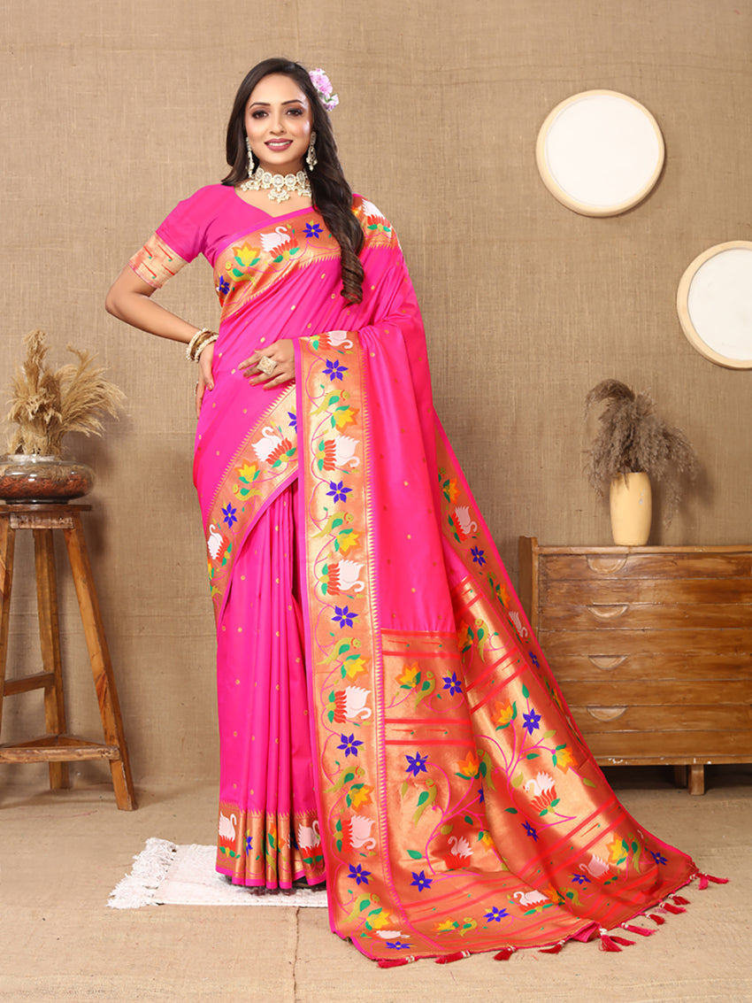 Lorenvalley Fashion Pink Soft Paithani Silk Woven Design Rich Zari Meenakari Weaving Saree - Distacart