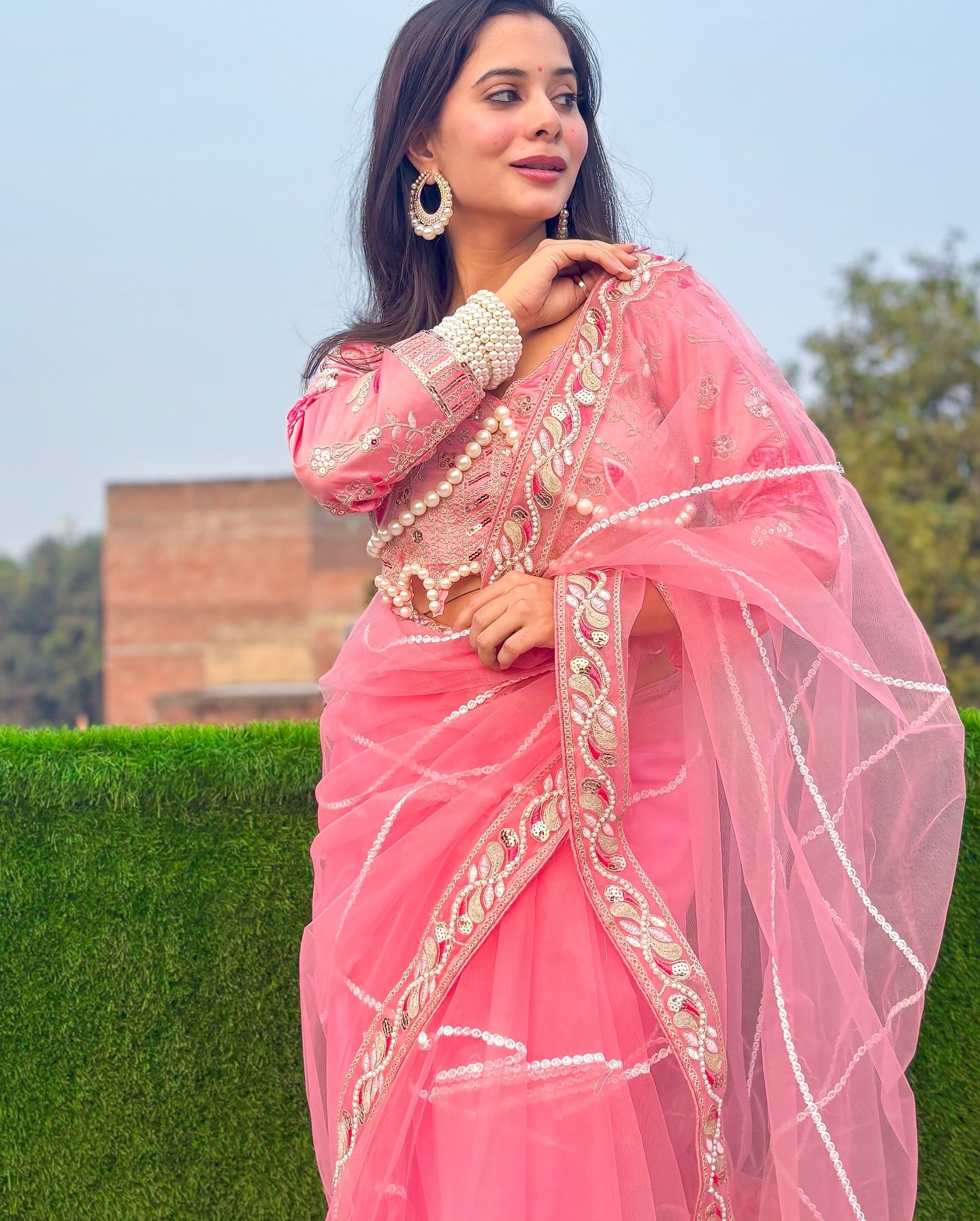 Evanik Pink Net Embroidery work Saree with Moti Hand work Blouse