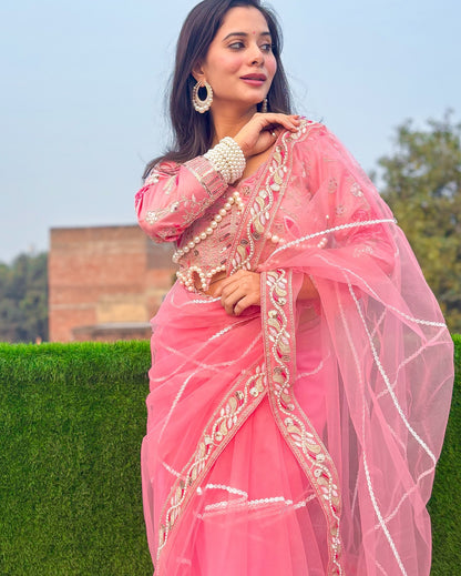 Evanik Pink Net Embroidery work Saree with Moti Hand work Blouse - Distacart