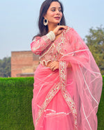 Thumbnail for Evanik Pink Net Embroidery work Saree with Moti Hand work Blouse
