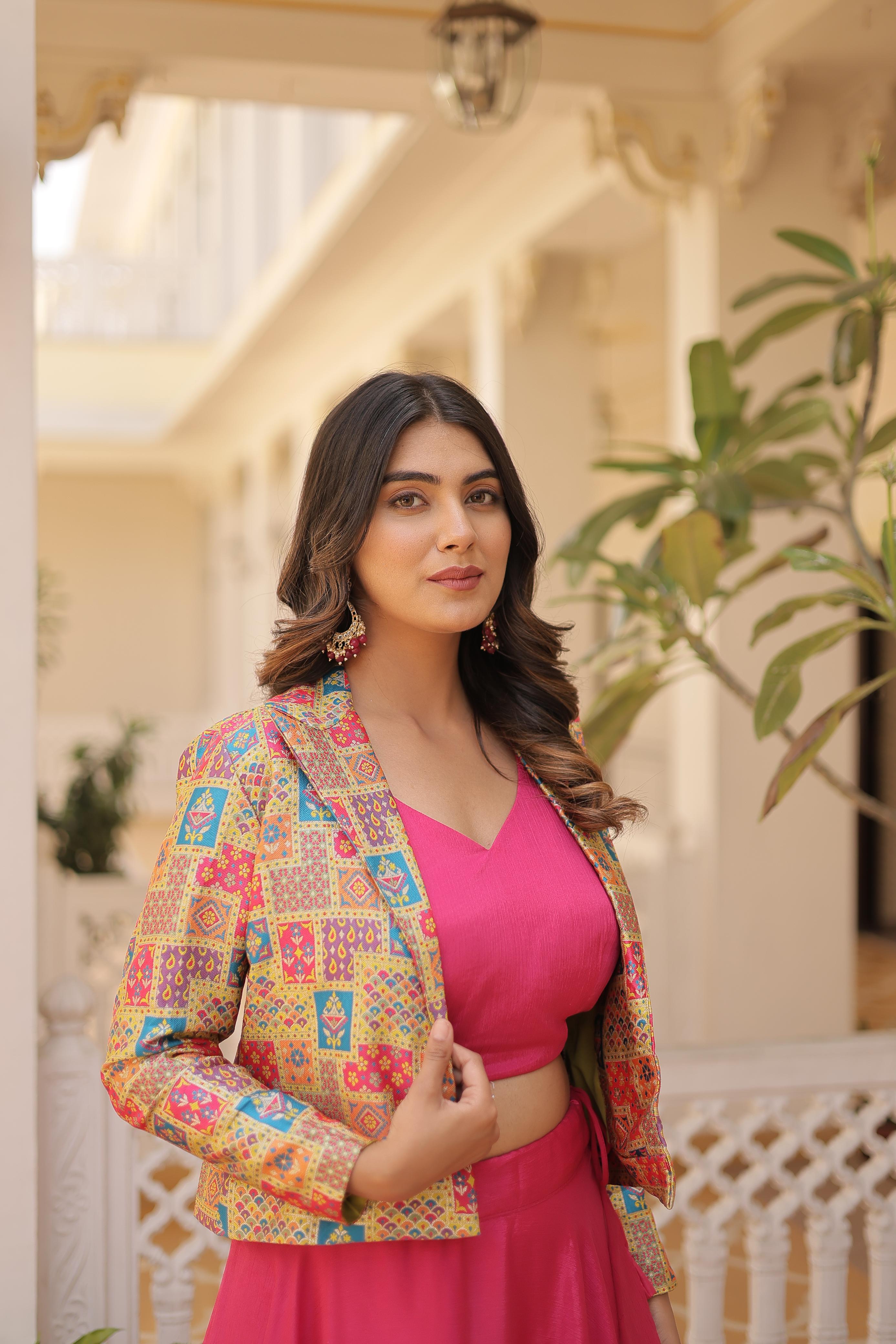 Lorenvalley Pink Premium Chinnon Lehenga Choli with Jacquard Woven Design Koti - Distacart