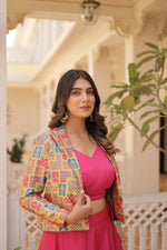 Thumbnail for Lorenvalley Pink Premium Chinnon Lehenga Choli with Jacquard Woven Design Koti - Distacart