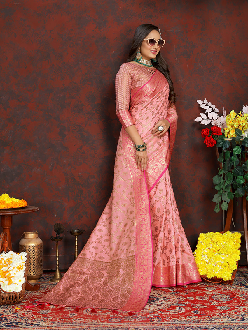 Lorenvalley Fashion Pink Soft Katan Silk Woven Design Rich Zari Weaving Pallu Saree - Distacart