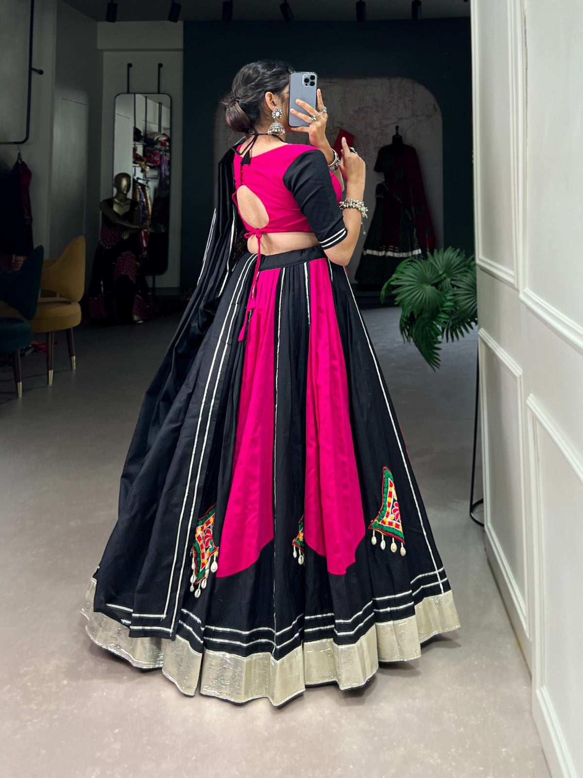 Lorenvalley Pink and Black Plain With Gamthi Patch Work & Gota Patti Lace also cowrie (kodi) lace touch up Lehenga Choli - Distacart