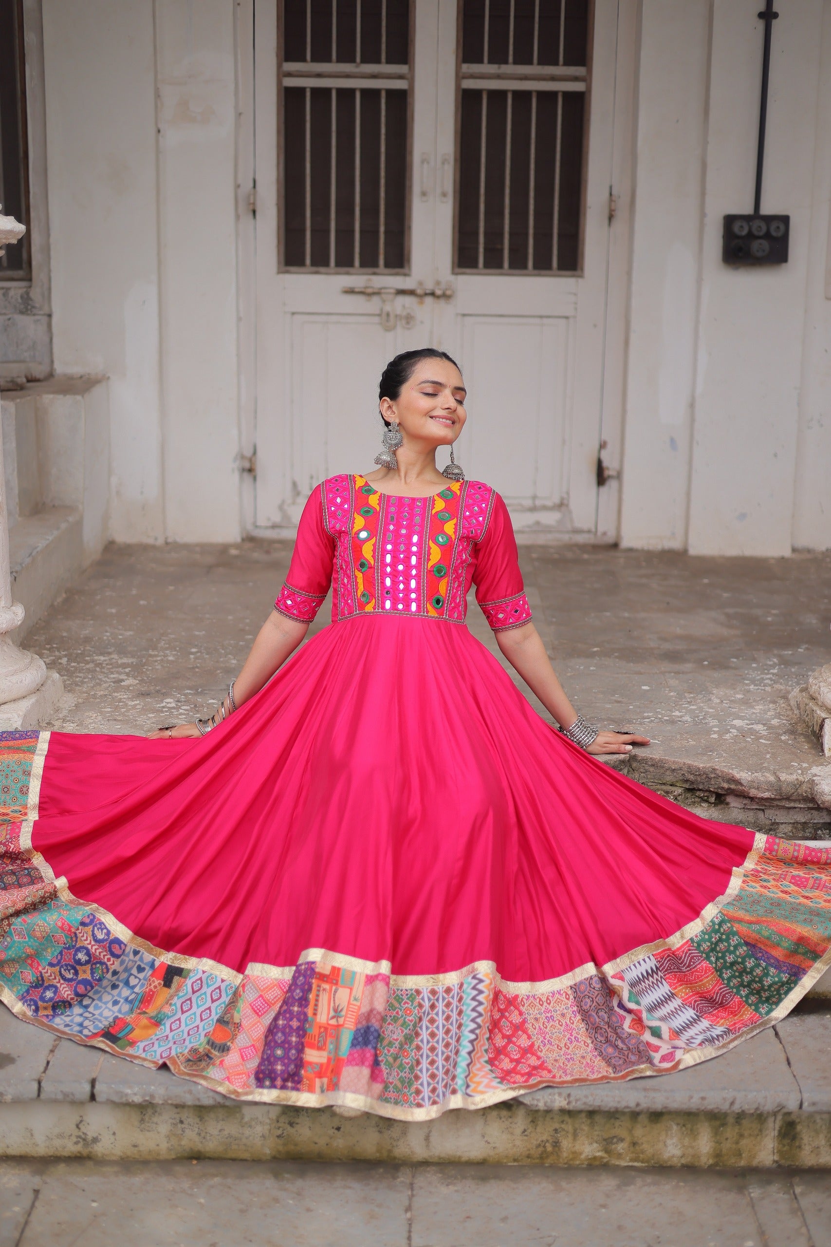Lorenvalley Fashion Pink Roman Silk with Thread with mirror work & Maslin Crochet Print Work Gown