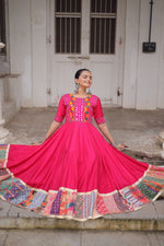 Thumbnail for Lorenvalley Fashion Pink Roman Silk with Thread with mirror work & Maslin Crochet Print Work Gown
