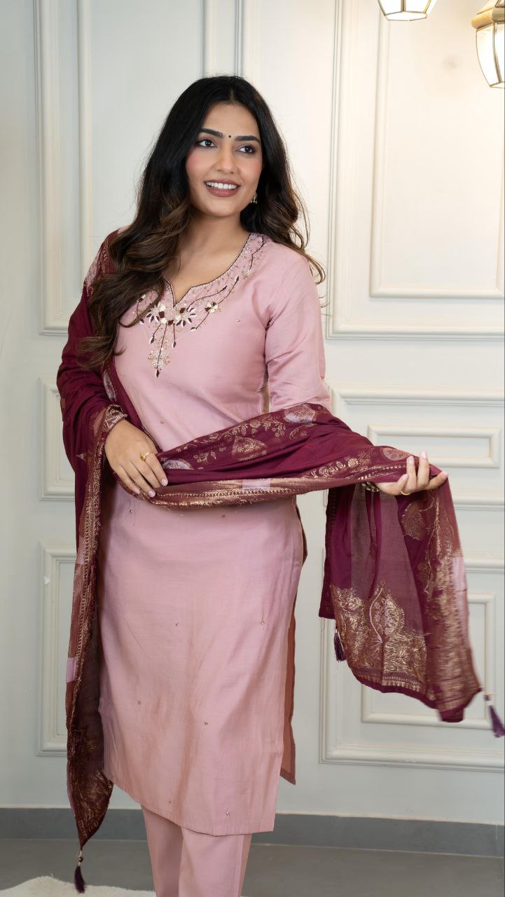 Lorenvalley Fashion Pink Roman Silk Hand Work Kurta Pant with Dupatta
