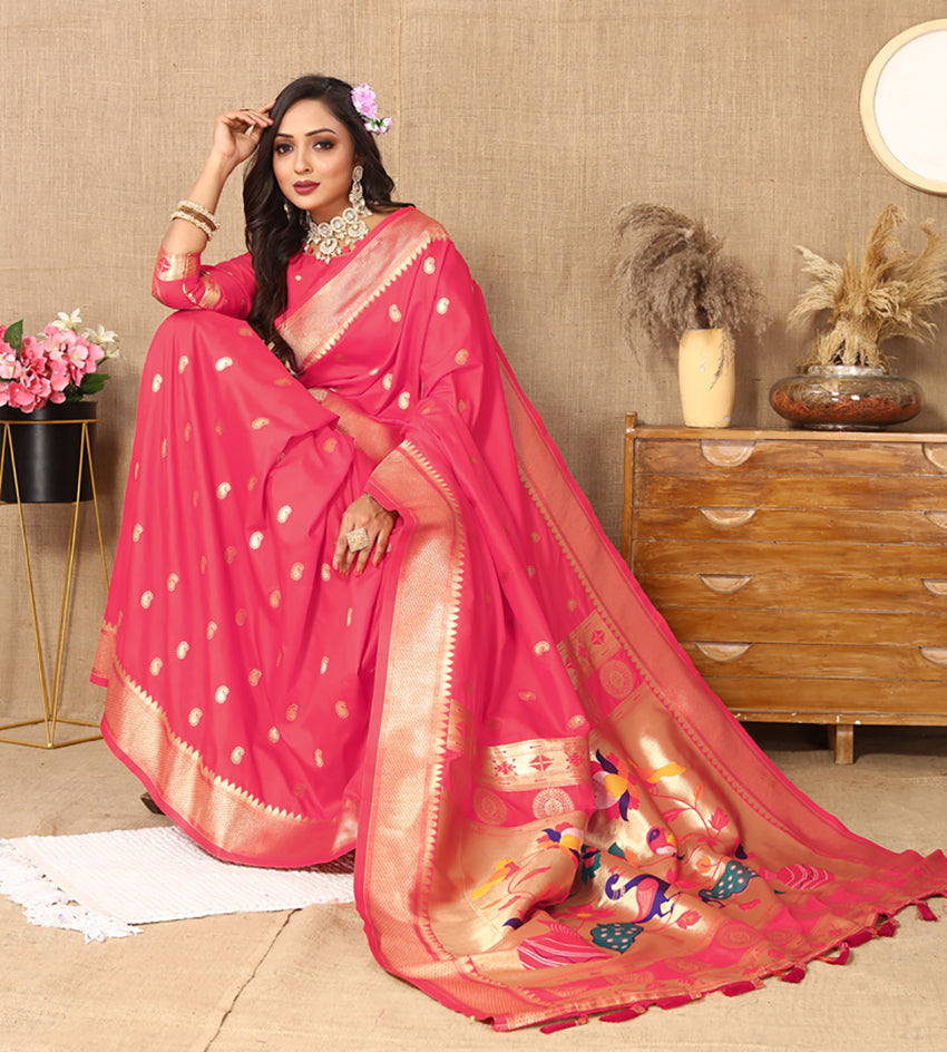 Lorenvalley Fashion Pink Soft Paithani Silk Woven Design Rich Zari Meenakari Weaving Saree - Distacart