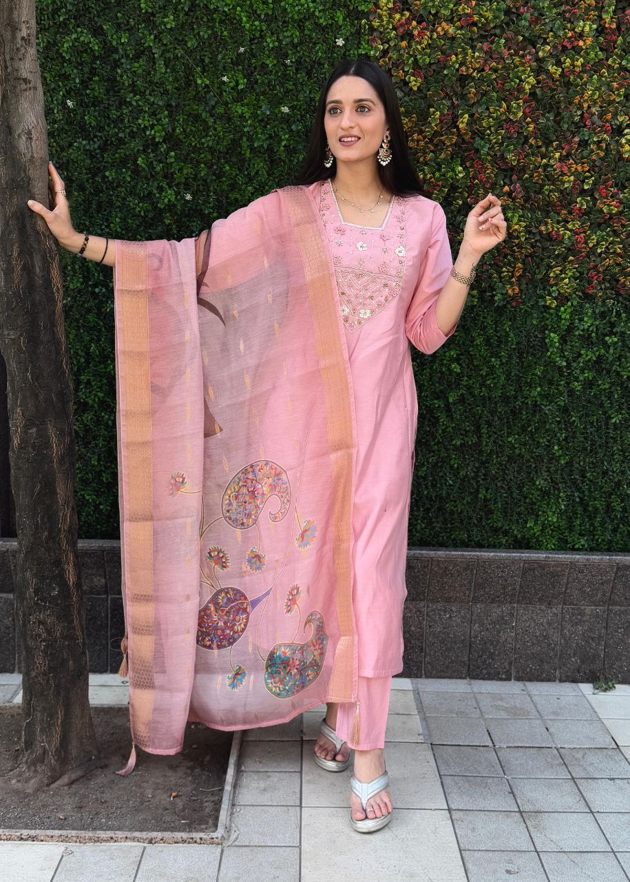 Lorenvalley Fashion Pink Roman Silk Hand Work Kurta Pant with Dupatta