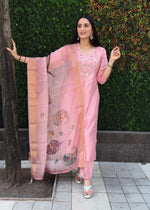Thumbnail for Lorenvalley Fashion Pink Roman Silk Hand Work Kurta Pant with Dupatta