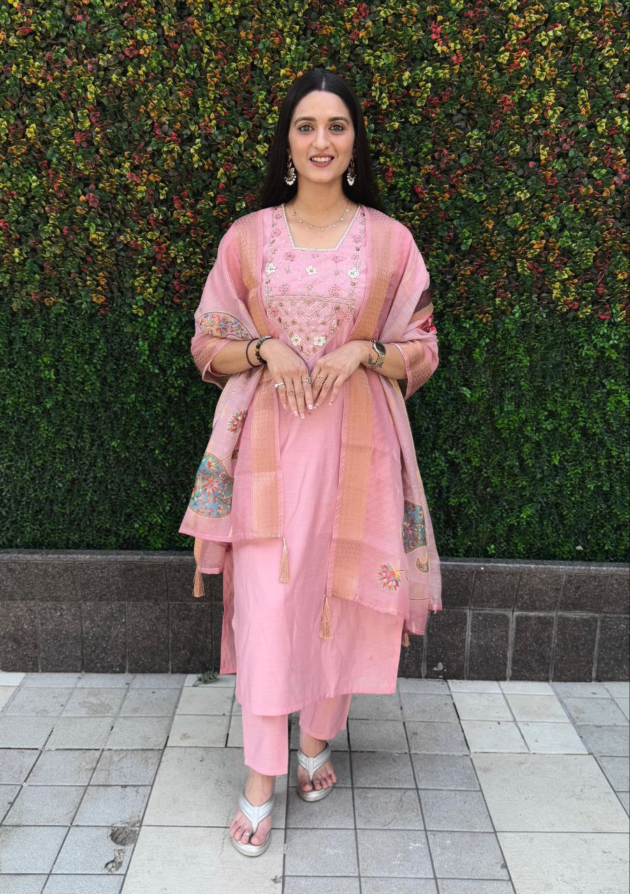 Lorenvalley Fashion Pink Roman Silk Hand Work Kurta Pant with Dupatta