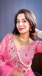 Thumbnail for Evanik Pink Net Embroidery work Saree with Moti Hand work Blouse