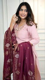 Thumbnail for Lorenvalley Fashion Pink Roman Silk Hand Work Kurta Pant with Dupatta