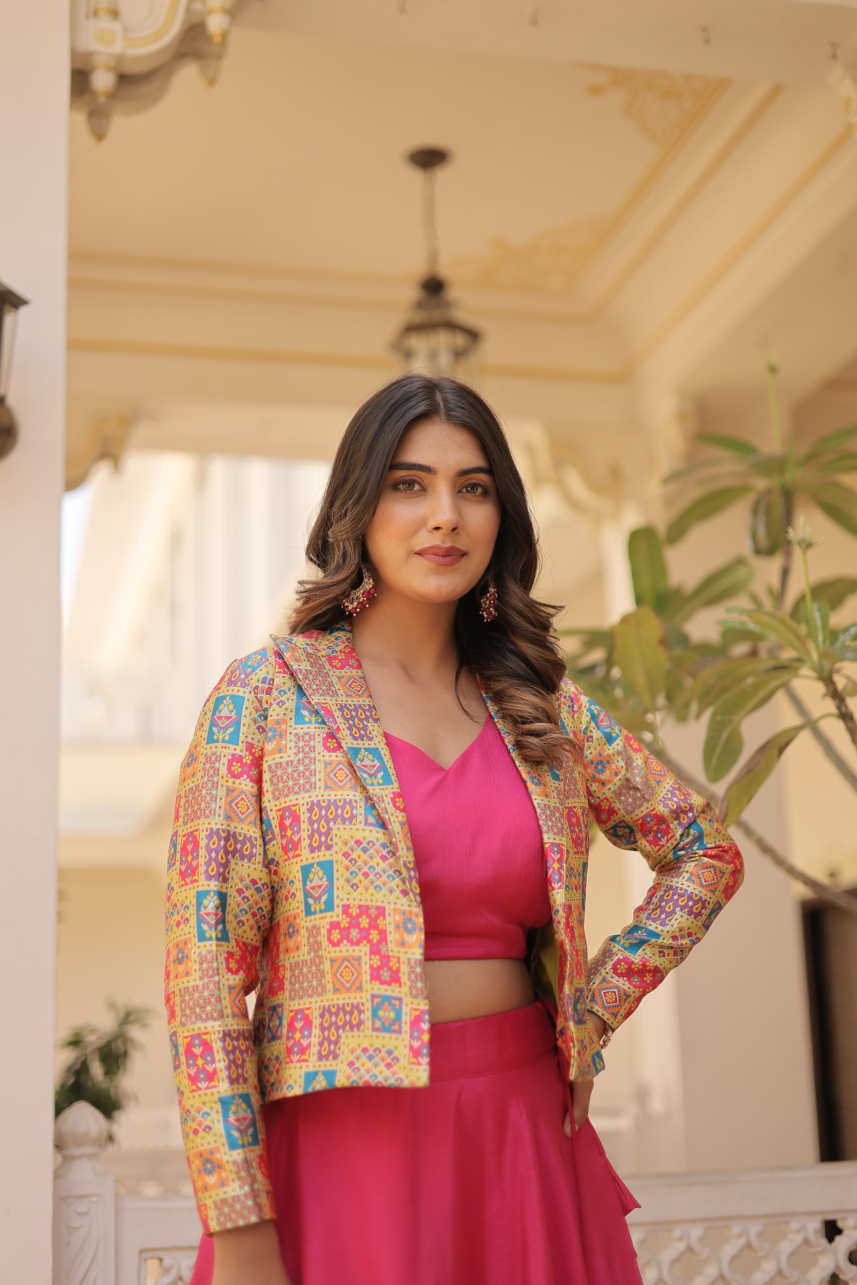 Lorenvalley Pink Premium Chinnon Lehenga Choli with Jacquard Woven Design Koti - Distacart