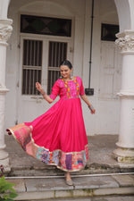 Thumbnail for Lorenvalley Fashion Pink Roman Silk with Thread with mirror work & Maslin Crochet Print Work Gown