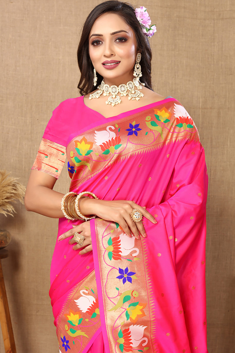 Lorenvalley Fashion Pink Soft Paithani Silk Woven Design Rich Zari Meenakari Weaving Saree - Distacart