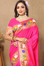 Thumbnail for Lorenvalley Fashion Pink Soft Paithani Silk Woven Design Rich Zari Meenakari Weaving Saree - Distacart