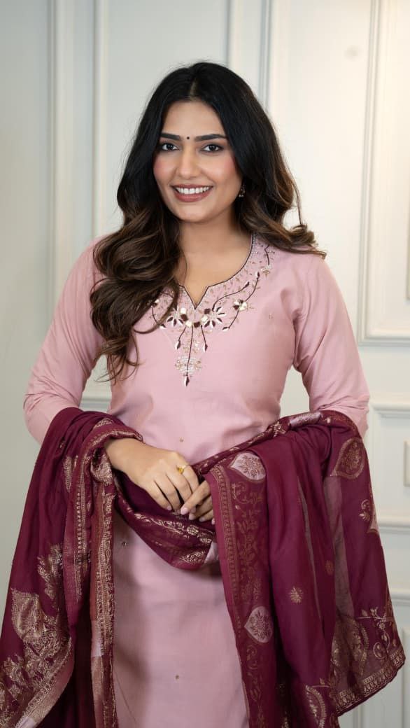 Lorenvalley Fashion Pink Roman Silk Hand Work Kurta Pant with Dupatta
