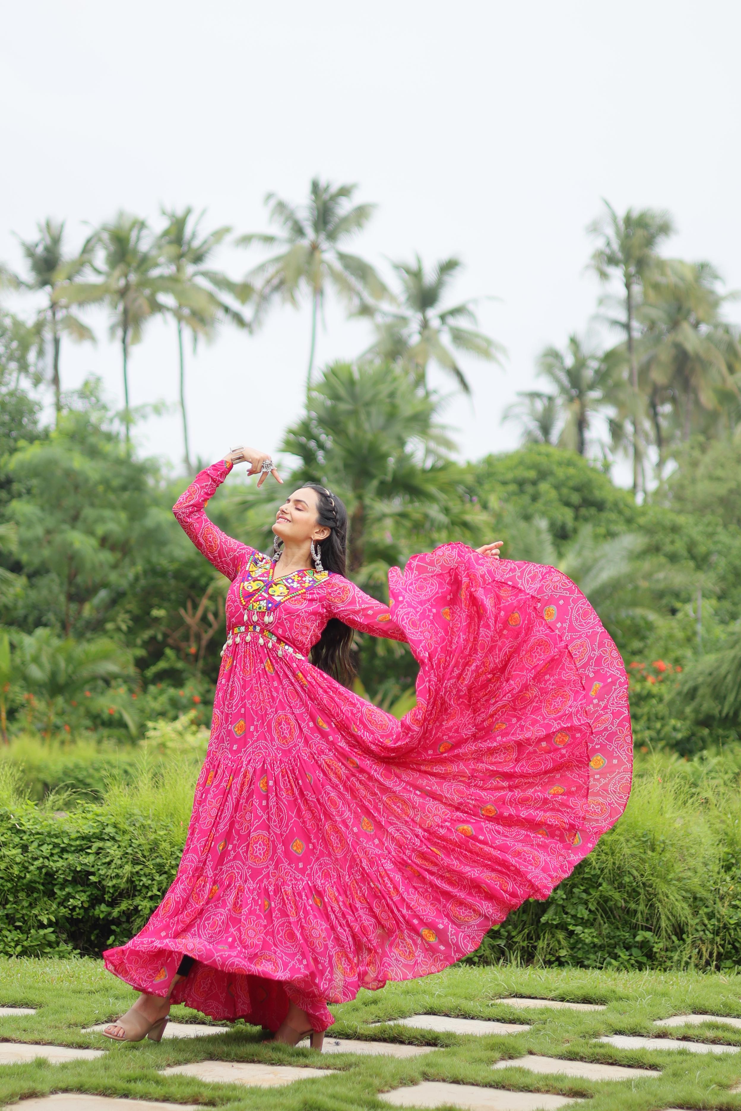 Lorenvalley Pink Faux Georgette Bandhani Print Work With Kutchi Patch Work Gown - Distacart