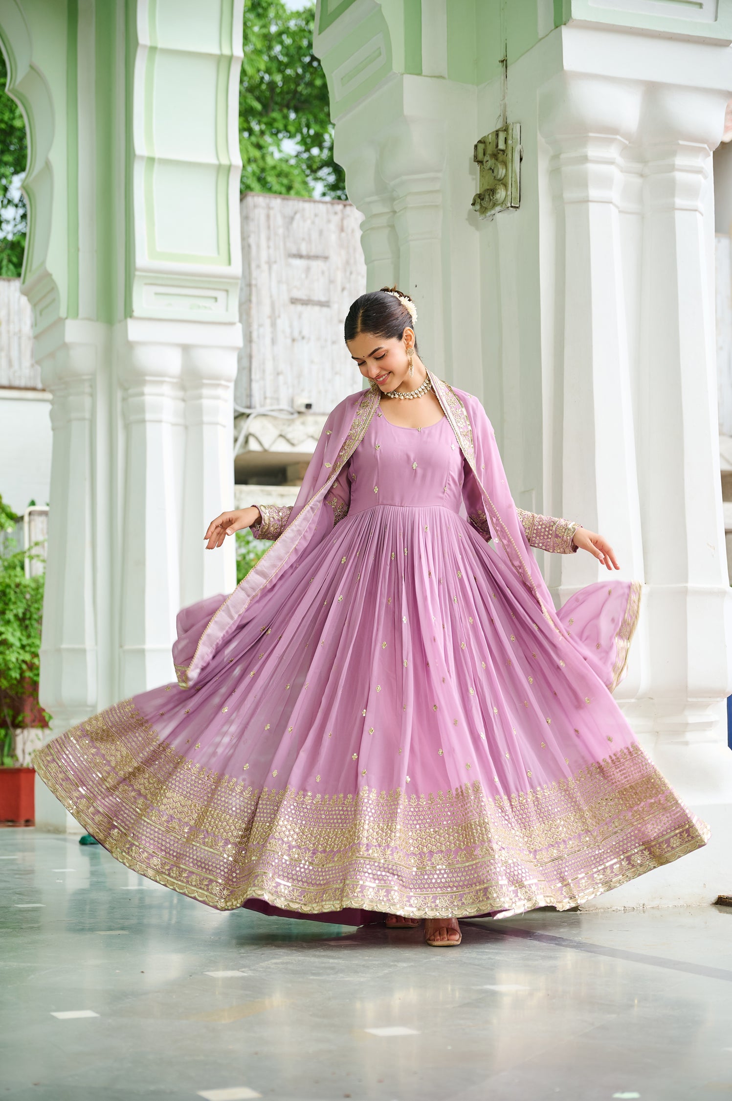 Lorenvalley Fashion Pink Faux Georgette with Embroidered work Anarkali Gown with Dupatta