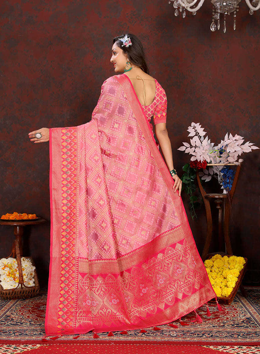 Lorenvalley Fashion Pink Organza Silk Woven Design with Rich Meenakari Weaving Pallu Saree - Distacart