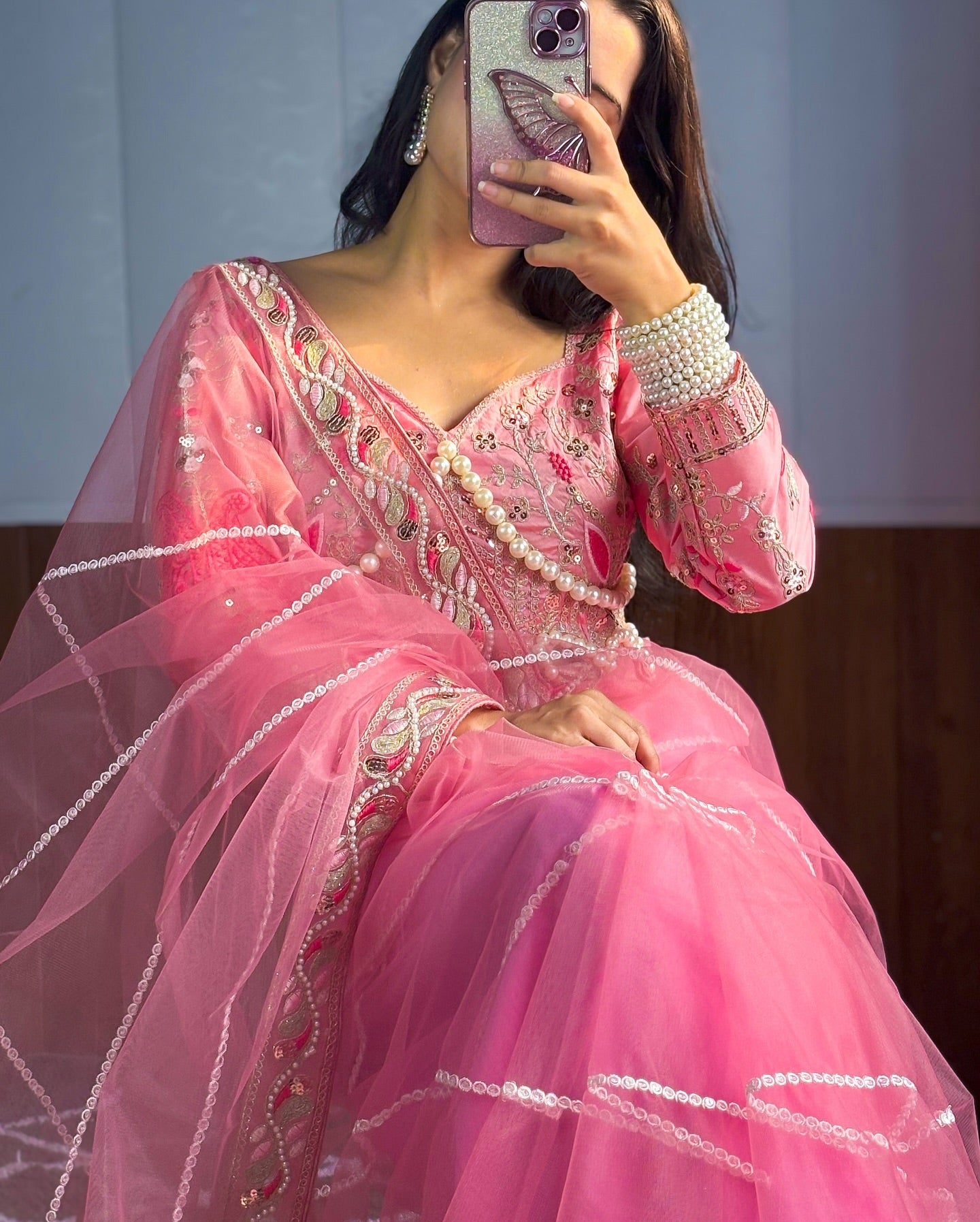 Evanik Pink Net Embroidery work Saree with Moti Hand work Blouse - Distacart