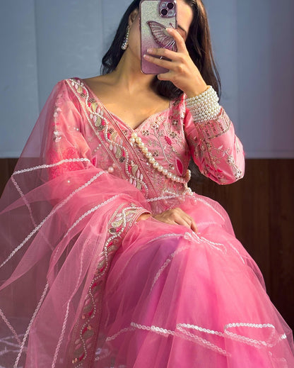 Evanik Pink Net Embroidery work Saree with Moti Hand work Blouse - Distacart