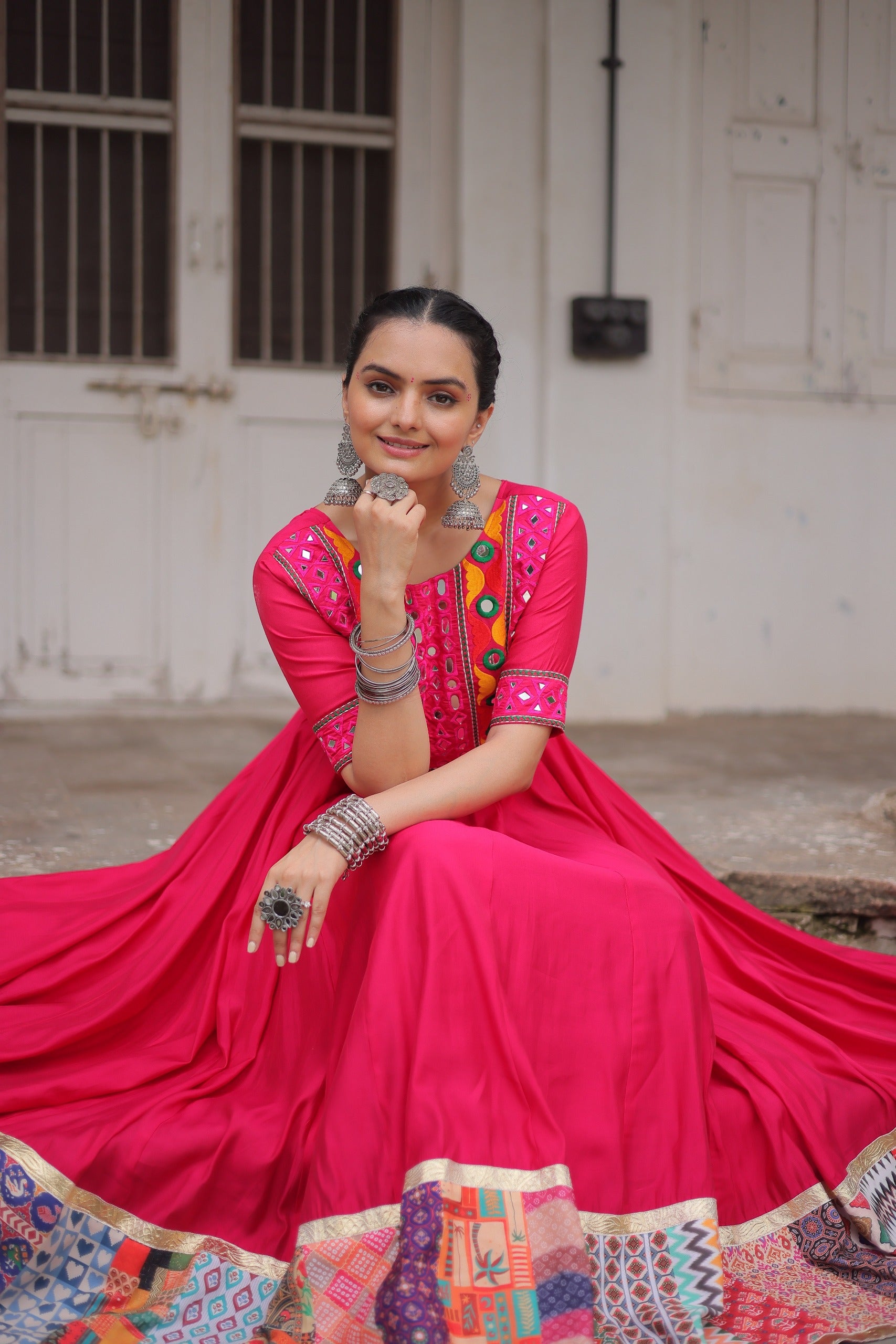 Lorenvalley Fashion Pink Roman Silk with Thread with mirror work & Maslin Crochet Print Work Gown
