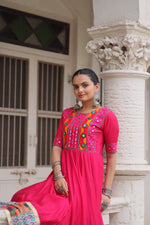 Thumbnail for Lorenvalley Fashion Pink Roman Silk with Thread with mirror work & Maslin Crochet Print Work Gown
