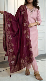 Thumbnail for Lorenvalley Fashion Pink Roman Silk Hand Work Kurta Pant with Dupatta