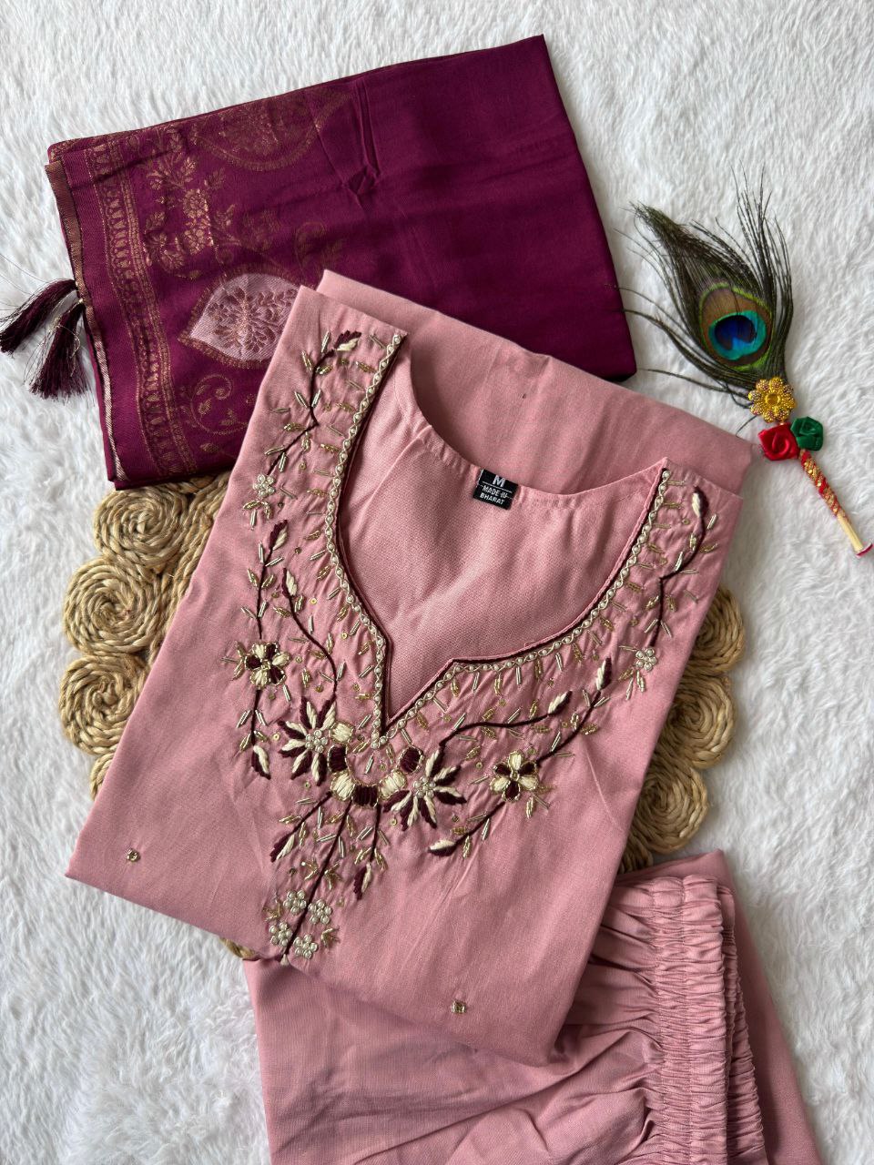 Lorenvalley Fashion Pink Roman Silk Hand Work Kurta Pant with Dupatta