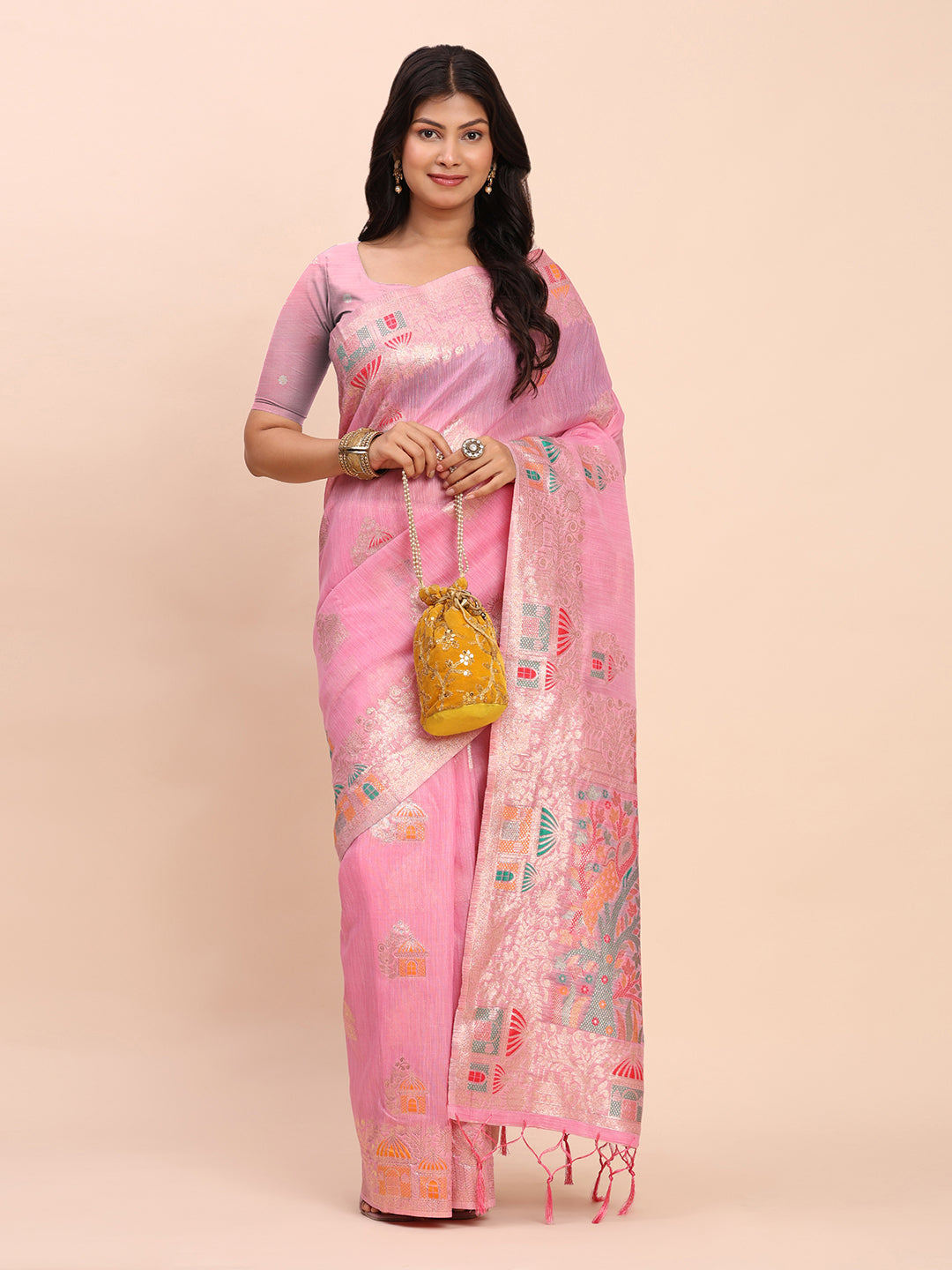 Anaita Pink Linen Woven Work Saree With Blouse - Distacart