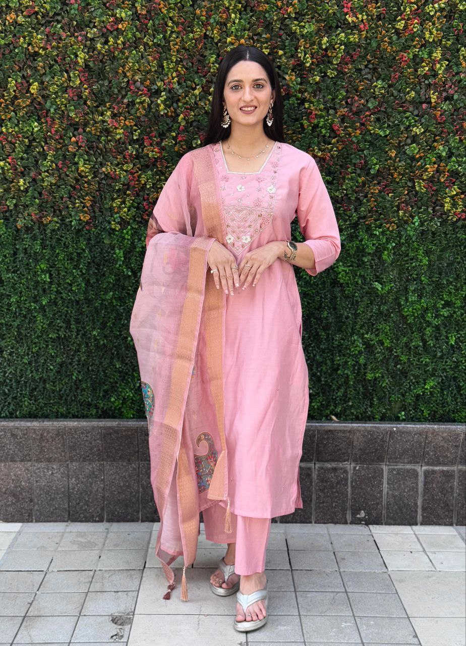 Lorenvalley Fashion Pink Roman Silk Hand Work Kurta Pant with Dupatta