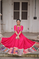 Thumbnail for Lorenvalley Fashion Pink Roman Silk with Thread with mirror work & Maslin Crochet Print Work Gown